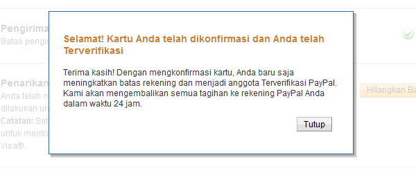 selamat akun paypal anda telah terverifikasi