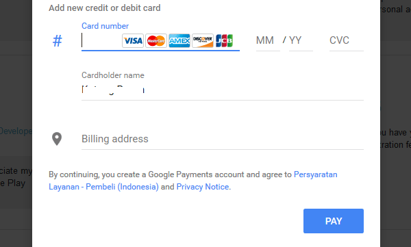 isi data kartu kredit, nama dan alamat 