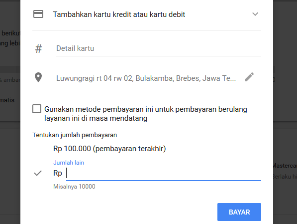 masukan detail kartu dan jumlah deposit