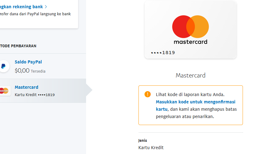 masukan kode untuk mengonfirmasi kartu